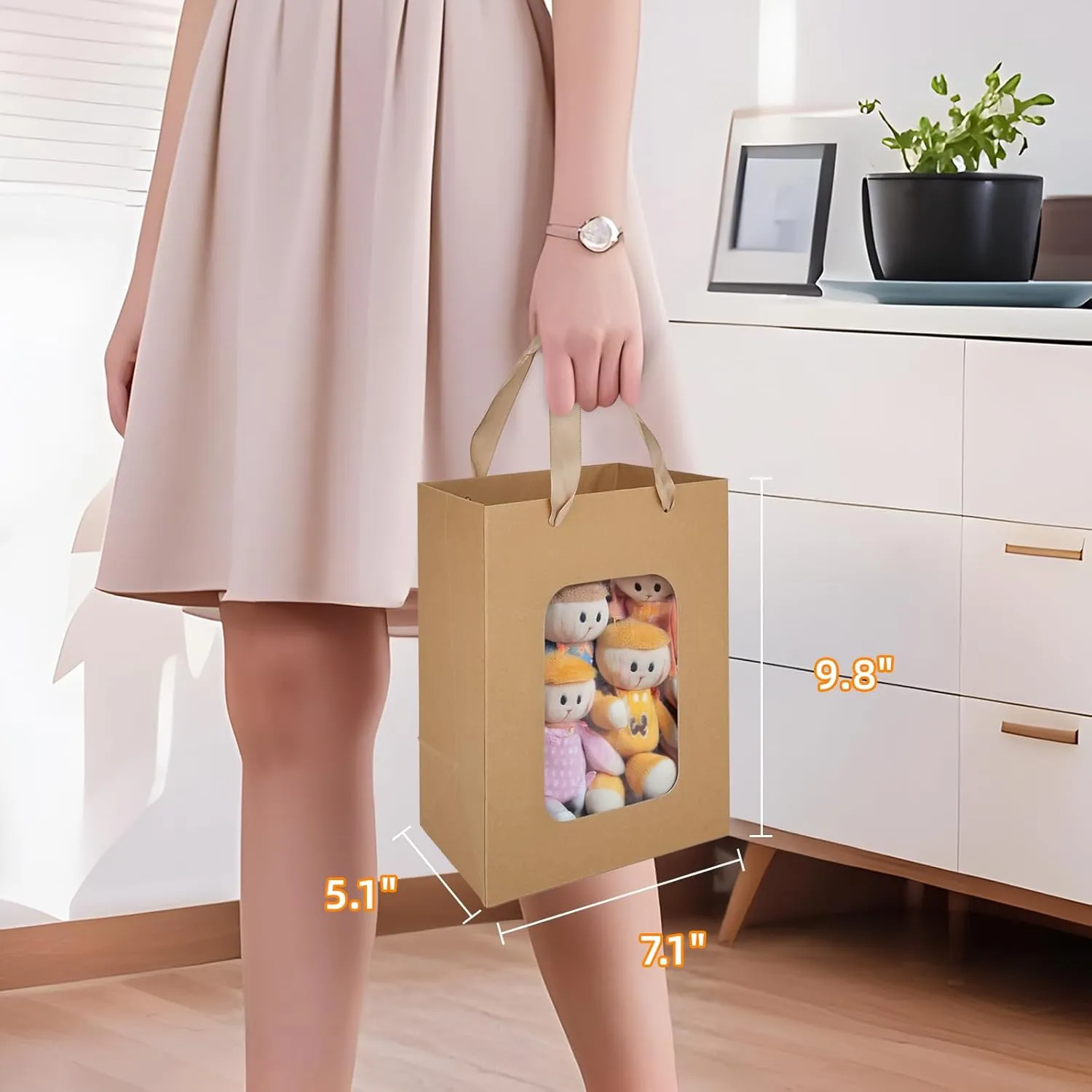 MOXARYSU 12 Pcs Brown Gift Bags with Clear Window: 9.8x5.1x7.1 Inch Medium Kraft Paper Baskets Empty with Handle For Party Business Birthday Wedding