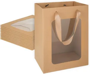 MOXARYSU 12 Pcs Brown Gift Bags with Clear Window: 9.8x5.1x7.1 Inch Medium Kraft Paper Baskets Empty with Handle For Party Business Birthday Wedding