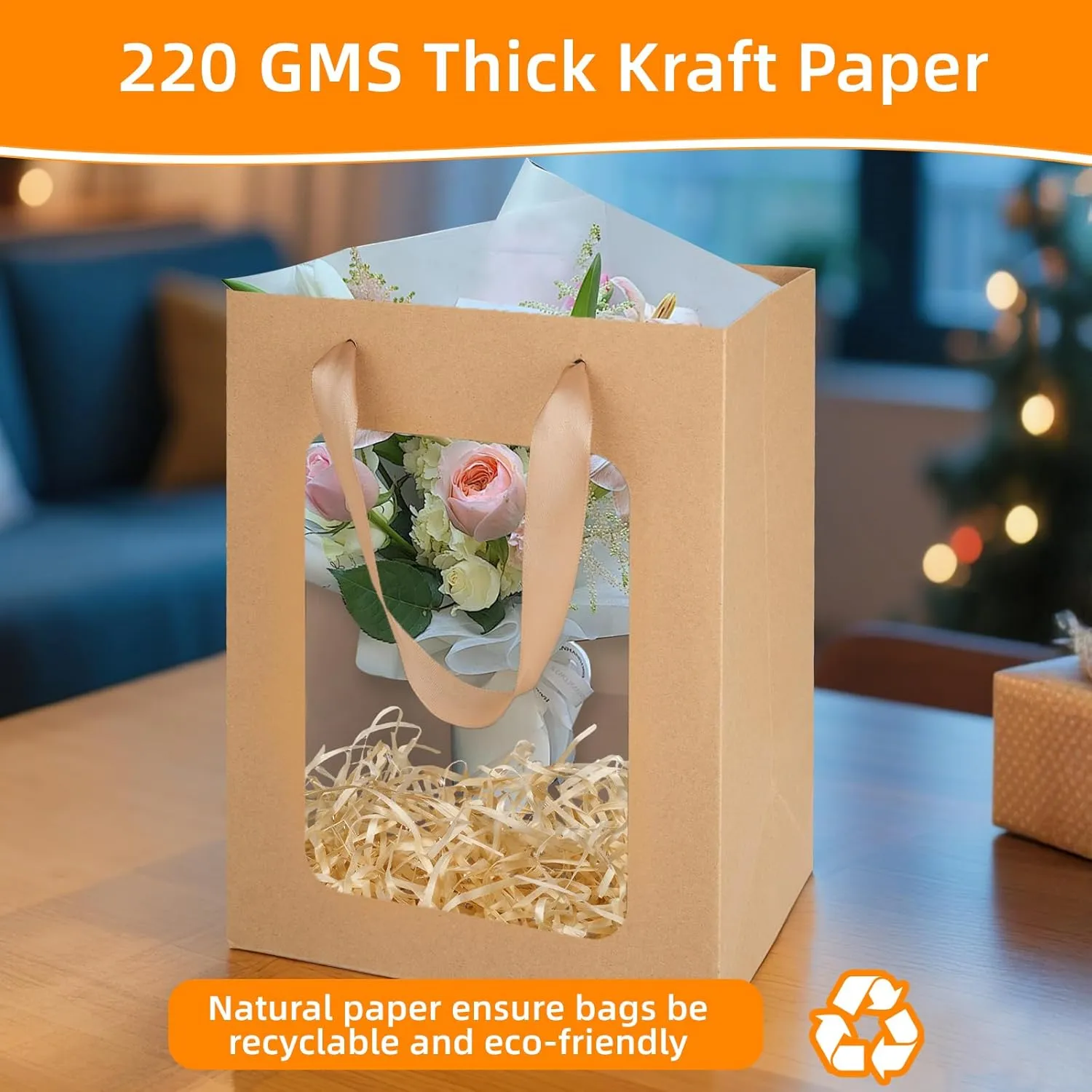 MOXARYSU 12 Pcs Brown Gift Bags with Clear Window: 9.8x5.1x7.1 Inch Medium Kraft Paper Baskets Empty with Handle For Party Business Birthday Wedding