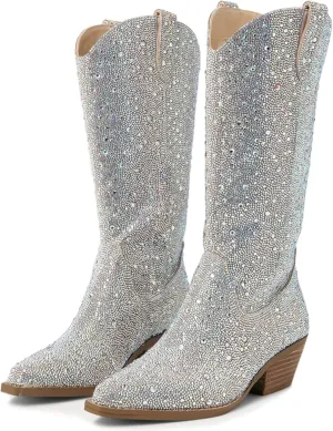 MUCCCUTE Women's Rhinestone Mid Calf Boots Sparkly Block Heel Cowboy Boots Glitter Boots