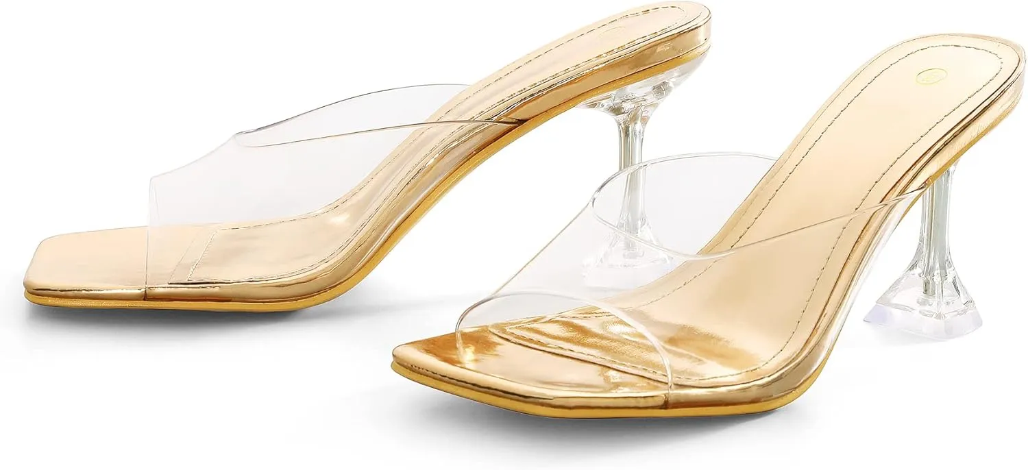 mysoft Women's Clear Heeled Sandals Square Toe Transparent Stiletto Mules Open Toe Slip on Dress Shoes