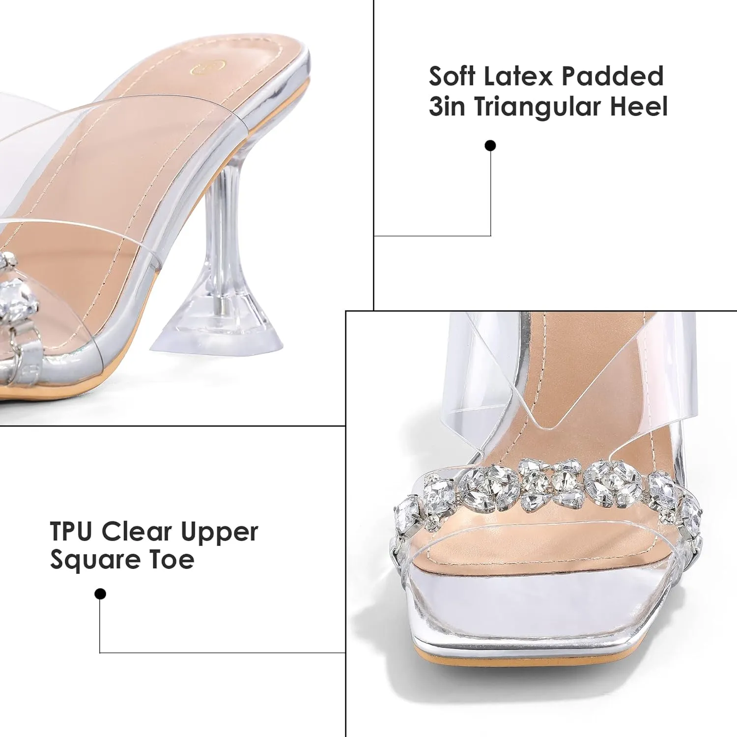 mysoft Women's Clear Heeled Sandals Square Toe Transparent Stiletto Mules Open Toe Slip on Dress Shoes