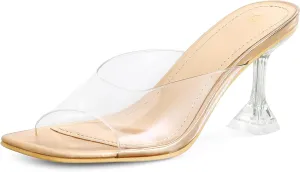 mysoft Women's Clear Heeled Sandals Square Toe Transparent Stiletto Mules Open Toe Slip on Dress Shoes