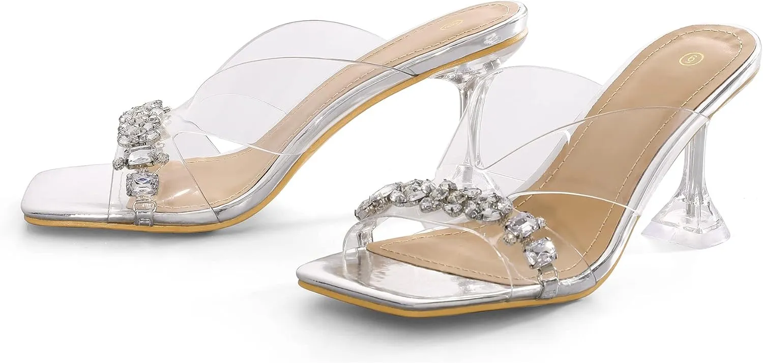 mysoft Women's Clear Heeled Sandals Square Toe Transparent Stiletto Mules Open Toe Slip on Dress Shoes