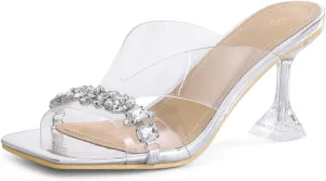 mysoft Women's Clear Heeled Sandals Square Toe Transparent Stiletto Mules Open Toe Slip on Dress Shoes
