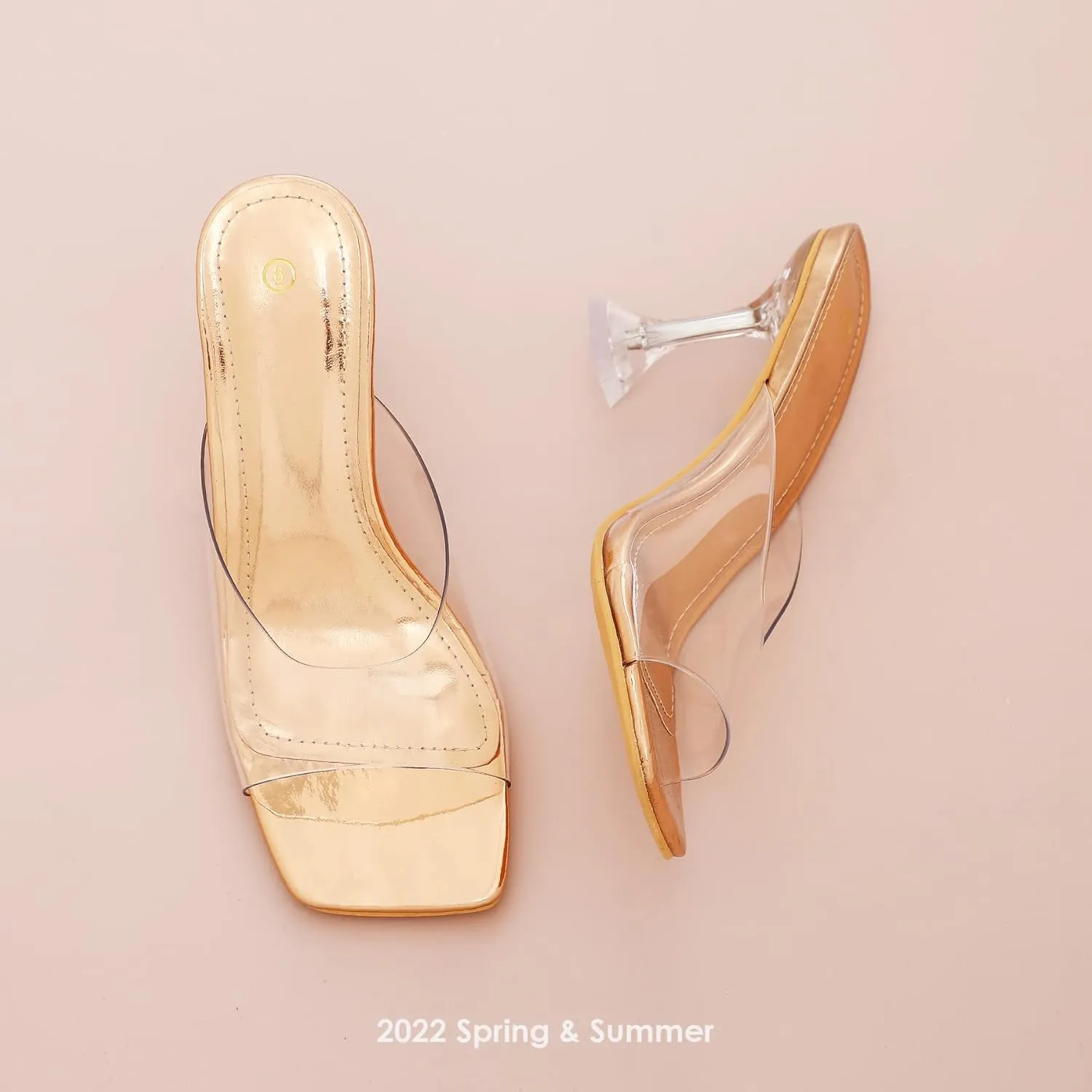 mysoft Women's Clear Heeled Sandals Square Toe Transparent Stiletto Mules Open Toe Slip on Dress Shoes