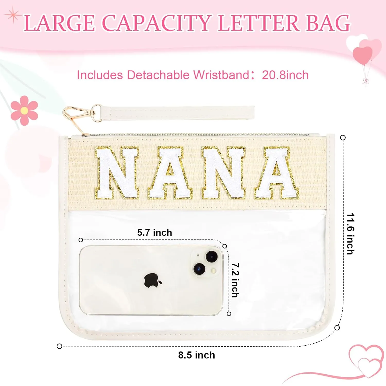 Nana Bag Grandma Gifts Mama Chenille Letter Clear Makeup Bag Pouch Clear Zipper Pouch with Wristlet Travel Cosmetic Bag Graduation Retirement Grandma Gifts for Women