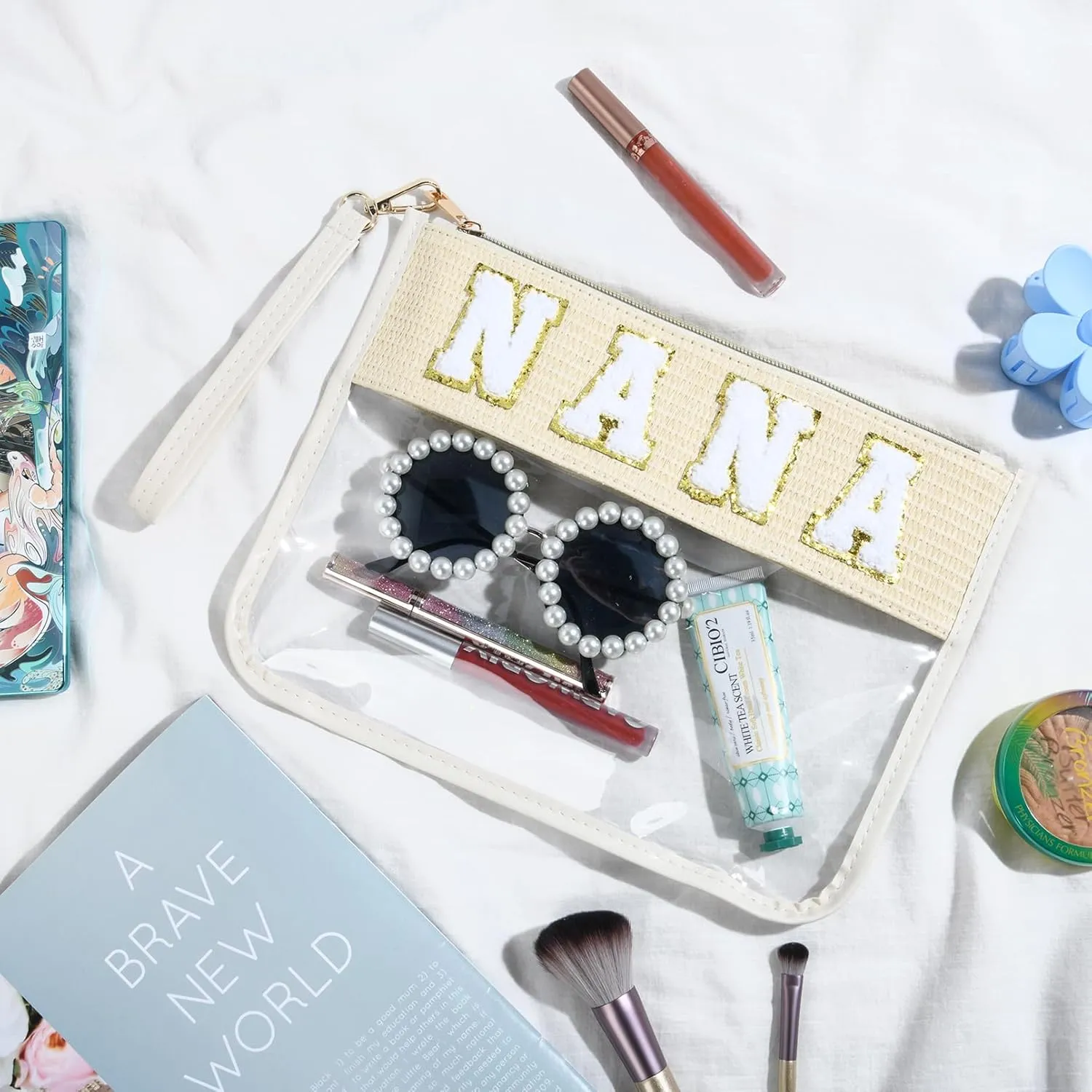 Nana Bag Grandma Gifts Mama Chenille Letter Clear Makeup Bag Pouch Clear Zipper Pouch with Wristlet Travel Cosmetic Bag Graduation Retirement Grandma Gifts for Women