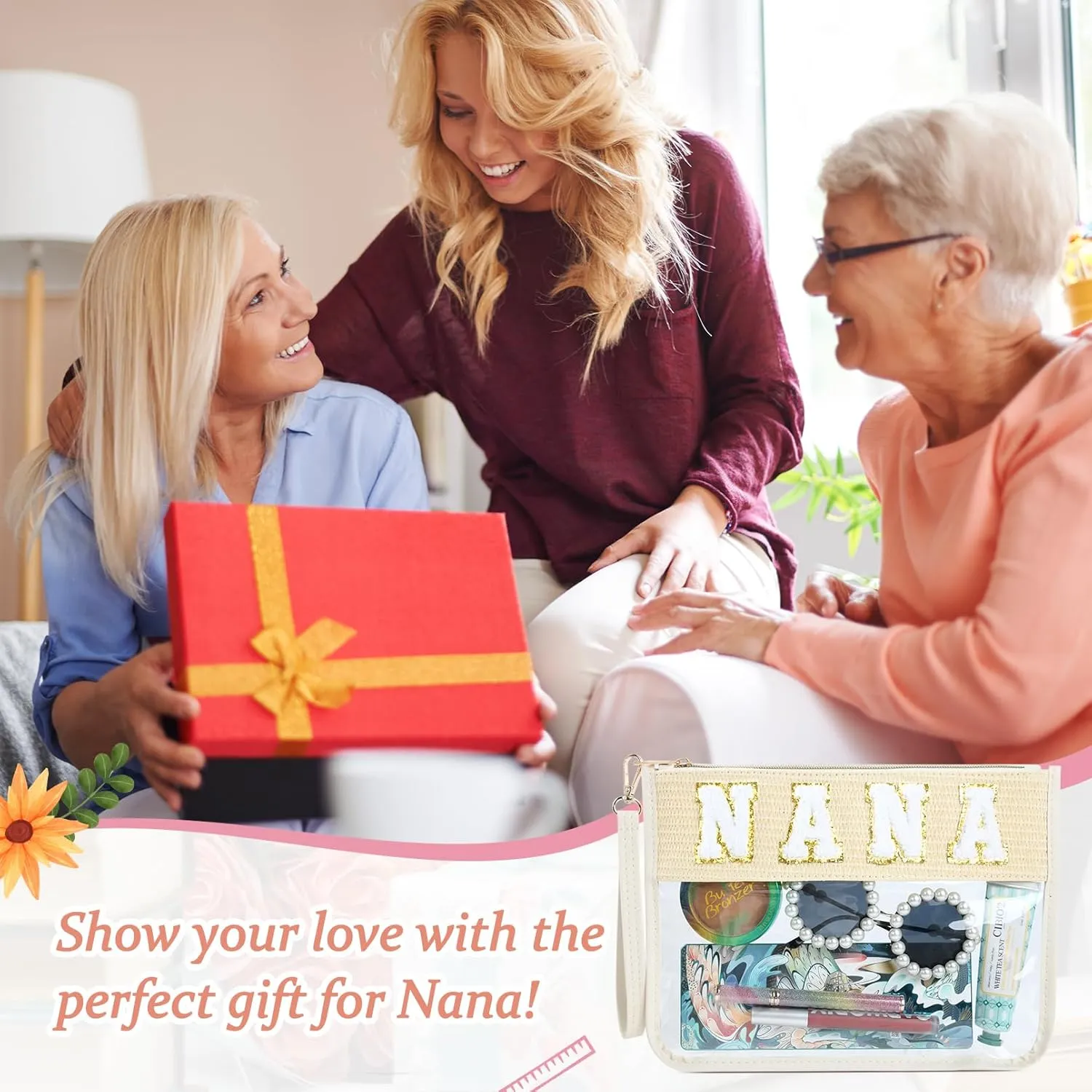 Nana Bag Grandma Gifts Mama Chenille Letter Clear Makeup Bag Pouch Clear Zipper Pouch with Wristlet Travel Cosmetic Bag Graduation Retirement Grandma Gifts for Women