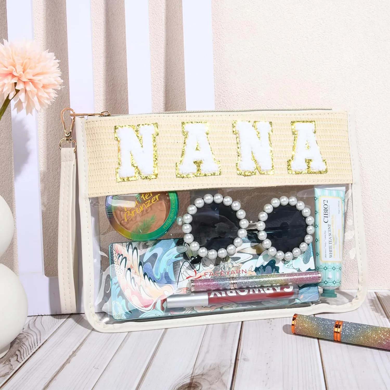 Nana Bag Grandma Gifts Mama Chenille Letter Clear Makeup Bag Pouch Clear Zipper Pouch with Wristlet Travel Cosmetic Bag Graduation Retirement Grandma Gifts for Women