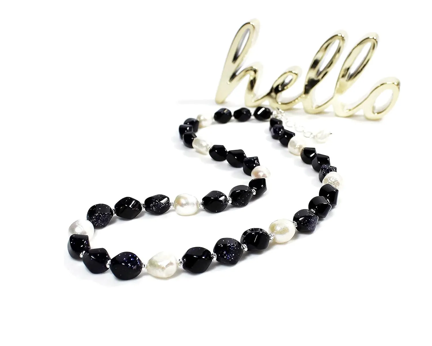 Navy Blue Goldstone Necklace, Cultured White Freshwater Pearl Necklace, Twisted Dark Blue Stone Necklace, Midnight Blue Stone Necklace, Jewelry Inspirations