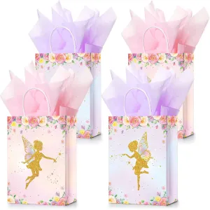 Nezyo 16 Pcs Floral Fairy Party Favor Bags with Tissue Paper Fairy Goodie Treat Bags Spring Themed Butterfly Theme Party Decorations for Girls Kids Birthday Baby Shower (Light Pink, Light Purple)