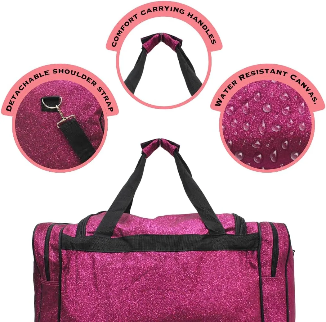 NGIL Glitter Canvas 20" inch Weekender Overnight Travel Carry-On Luggage Sports Gym Duffle Bag for Women (Hot Pink Glitter)