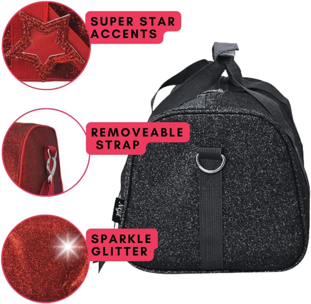 NGIL Large Super Star Duffle Bag for Dance, Sports, Ballet, Tumbling, and Gymnastic – Glitter Cheer with Shoulder Strap and Pockets (Glitter-Red, Small)
