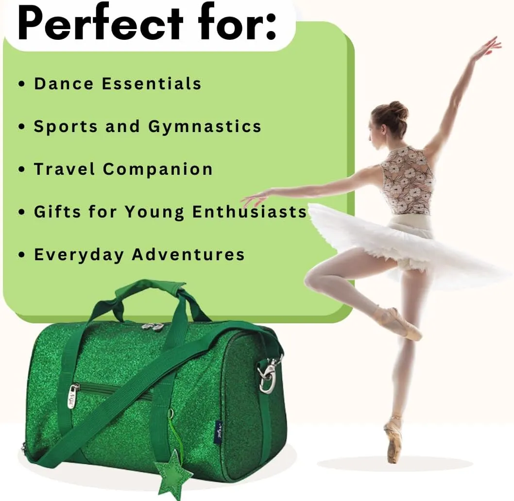 NGIL Mini Super Star Duffle Bag for Dance, Sports, Ballet, Tumbling, and Gymnastic – Glitter Cheer with Shoulder Strap and Pockets (Glitter-Green, Small)