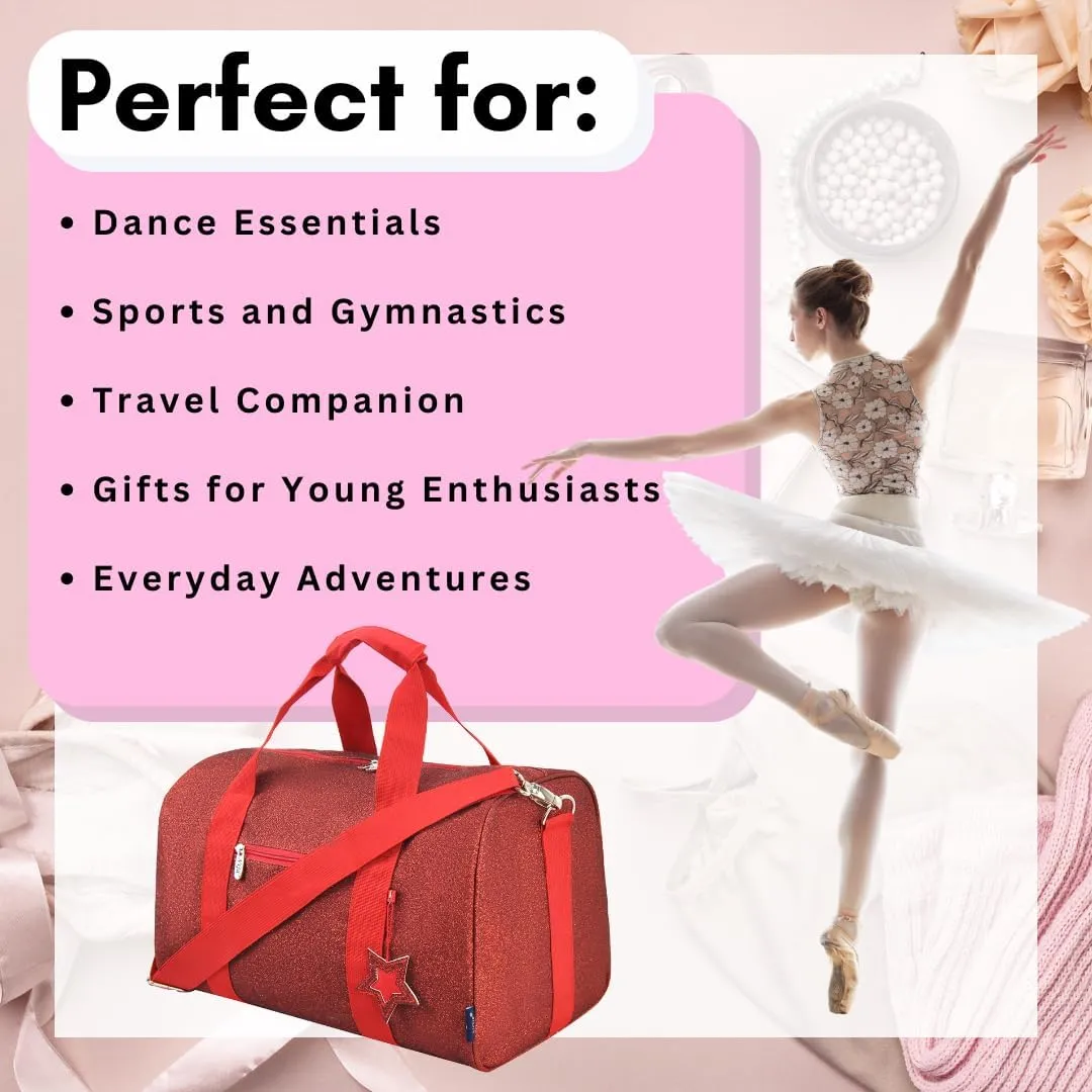 NGIL Super Star Duffle Bag, Large Dance Bag & Travel Bag for Sports, Gymnastics and Ballet with Adjustable Strap, Zippers, Pockets (Glitter-Red, Large)
