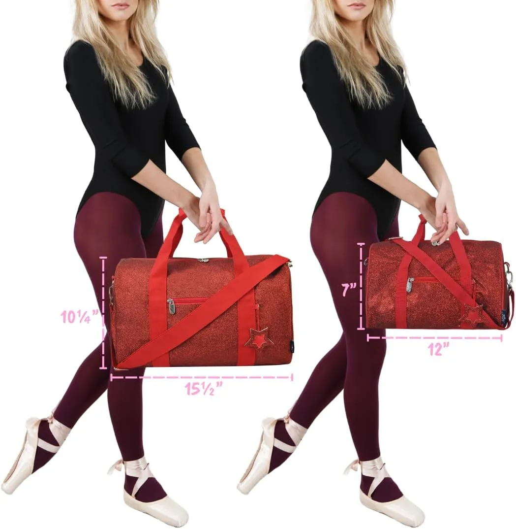 NGIL Super Star Duffle Bag, Large Dance Bag & Travel Bag for Sports, Gymnastics and Ballet with Adjustable Strap, Zippers, Pockets (Glitter-Red, Large)