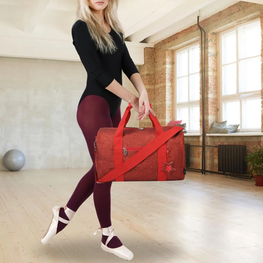 NGIL Super Star Duffle Bag, Large Dance Bag & Travel Bag for Sports, Gymnastics and Ballet with Adjustable Strap, Zippers, Pockets (Glitter-Red, Large)