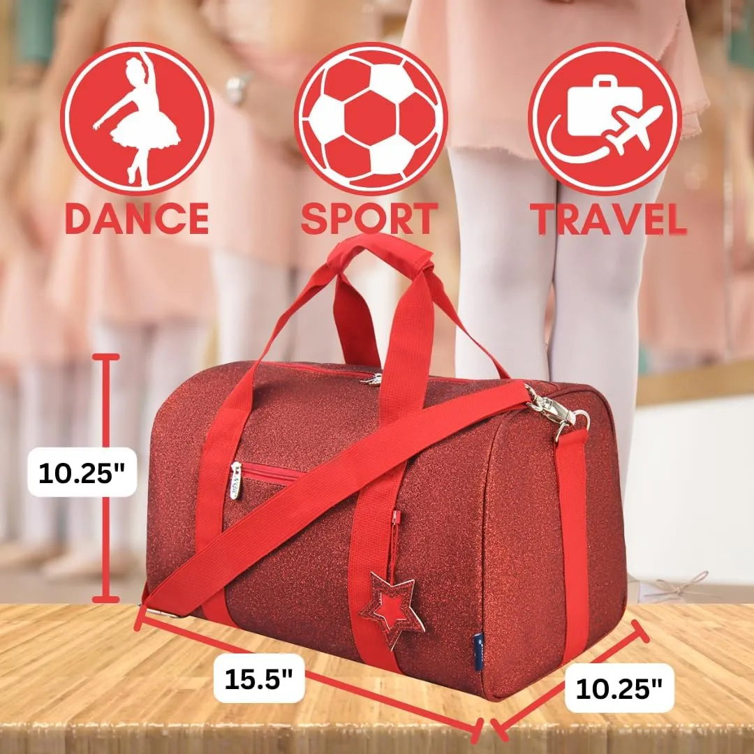 NGIL Super Star Duffle Bag, Large Dance Bag & Travel Bag for Sports, Gymnastics and Ballet with Adjustable Strap, Zippers, Pockets (Glitter-Red, Large)