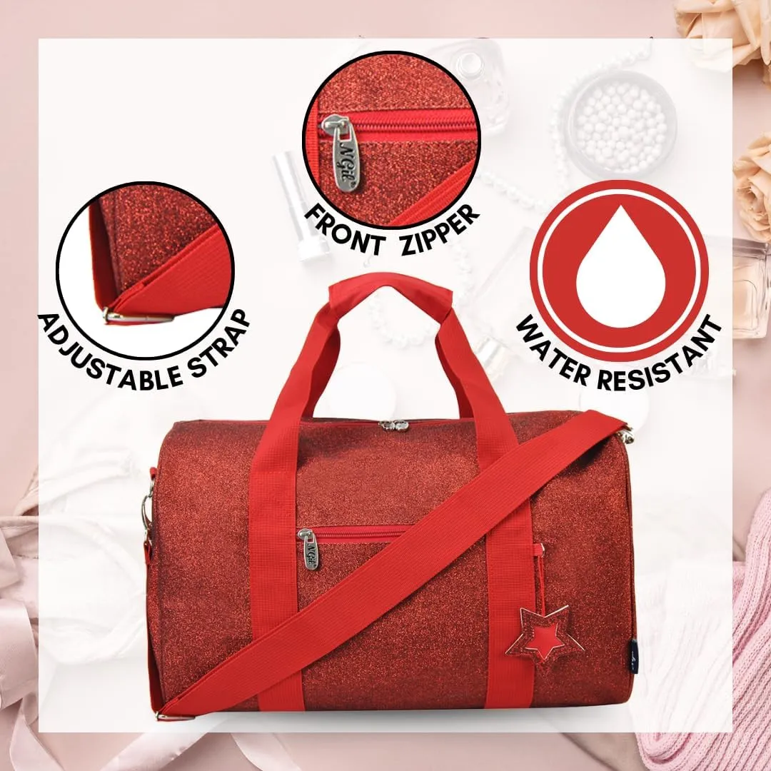 NGIL Super Star Duffle Bag, Large Dance Bag & Travel Bag for Sports, Gymnastics and Ballet with Adjustable Strap, Zippers, Pockets (Glitter-Red, Large)