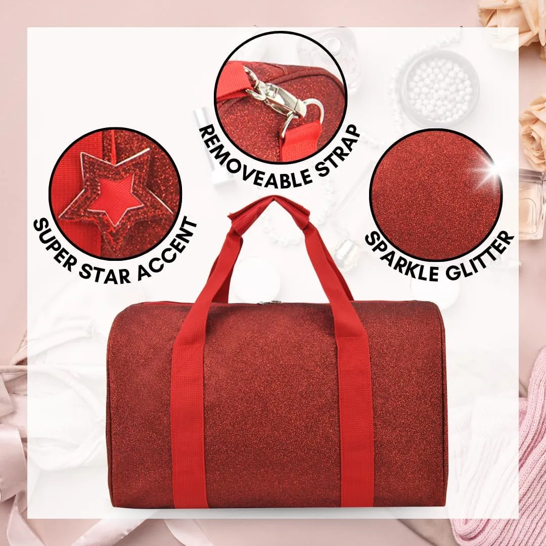 NGIL Super Star Duffle Bag, Large Dance Bag & Travel Bag for Sports, Gymnastics and Ballet with Adjustable Strap, Zippers, Pockets (Glitter-Red, Large)