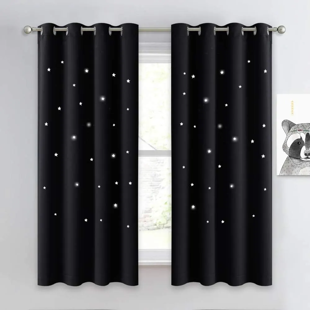 NICETOWN Star Curtains for Girl's Room - Nursery Essential Laser Cutting Star Black Out Curtains for Dorm Room (Double Panels for Halloween Decor, 52 Wide x 63 Inch Long)