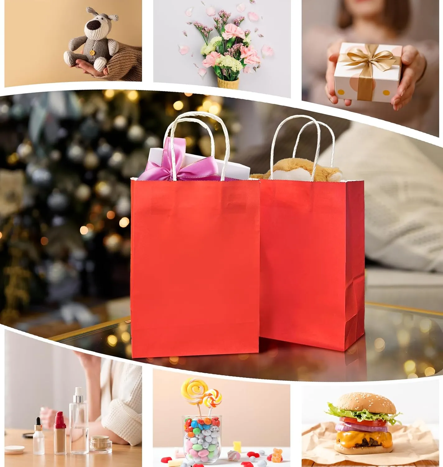 Nihuecne 24 Pack Kraft Paper Gift Bags with Tissue Paper, Small Gift Bags Bulk with Handles for Birthday, Anniversary, Holiday and More(5.9 x3.1 x 8.3In) (Red)