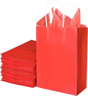 Nihuecne 24 Pack Kraft Paper Gift Bags with Tissue Paper, Small Gift Bags Bulk with Handles for Birthday, Anniversary, Holiday and More(5.9 x3.1 x 8.3In) (Red)