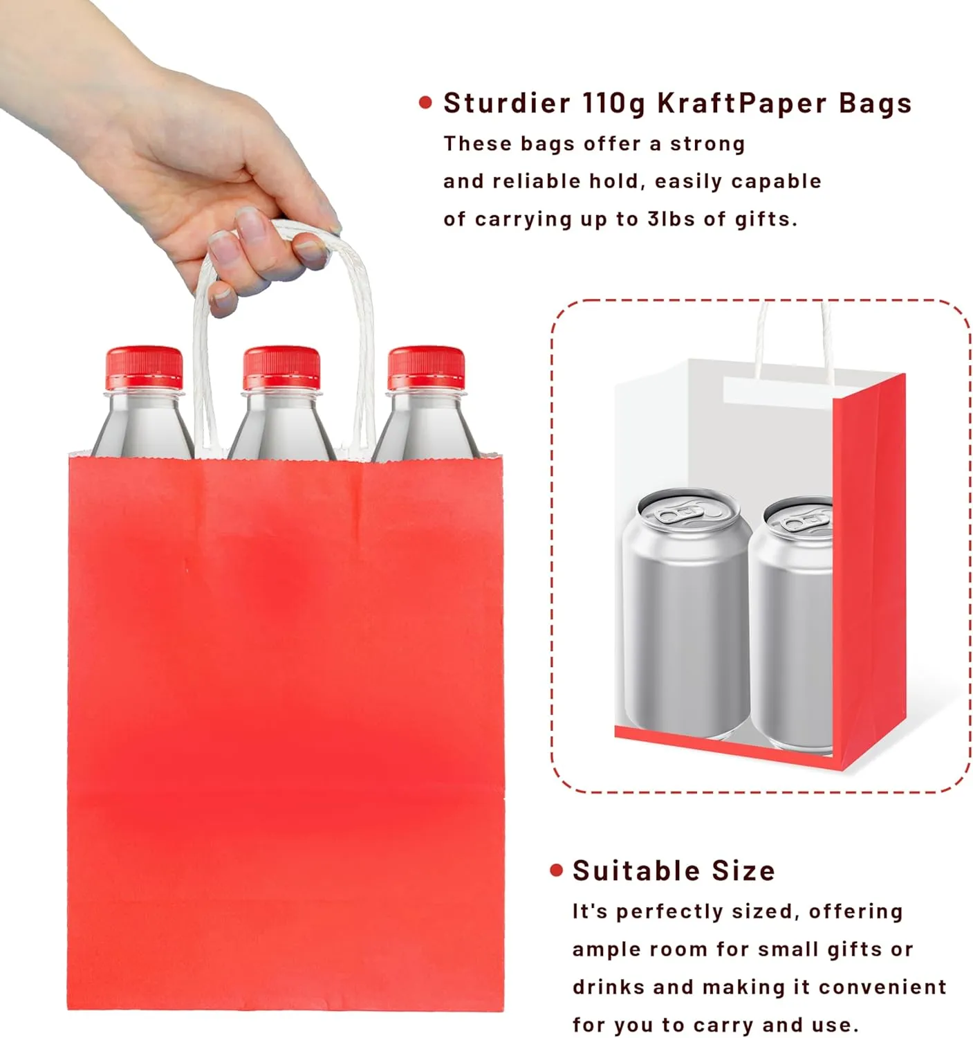Nihuecne 24 Pack Kraft Paper Gift Bags with Tissue Paper, Small Gift Bags Bulk with Handles for Birthday, Anniversary, Holiday and More(5.9 x3.1 x 8.3In) (Red)