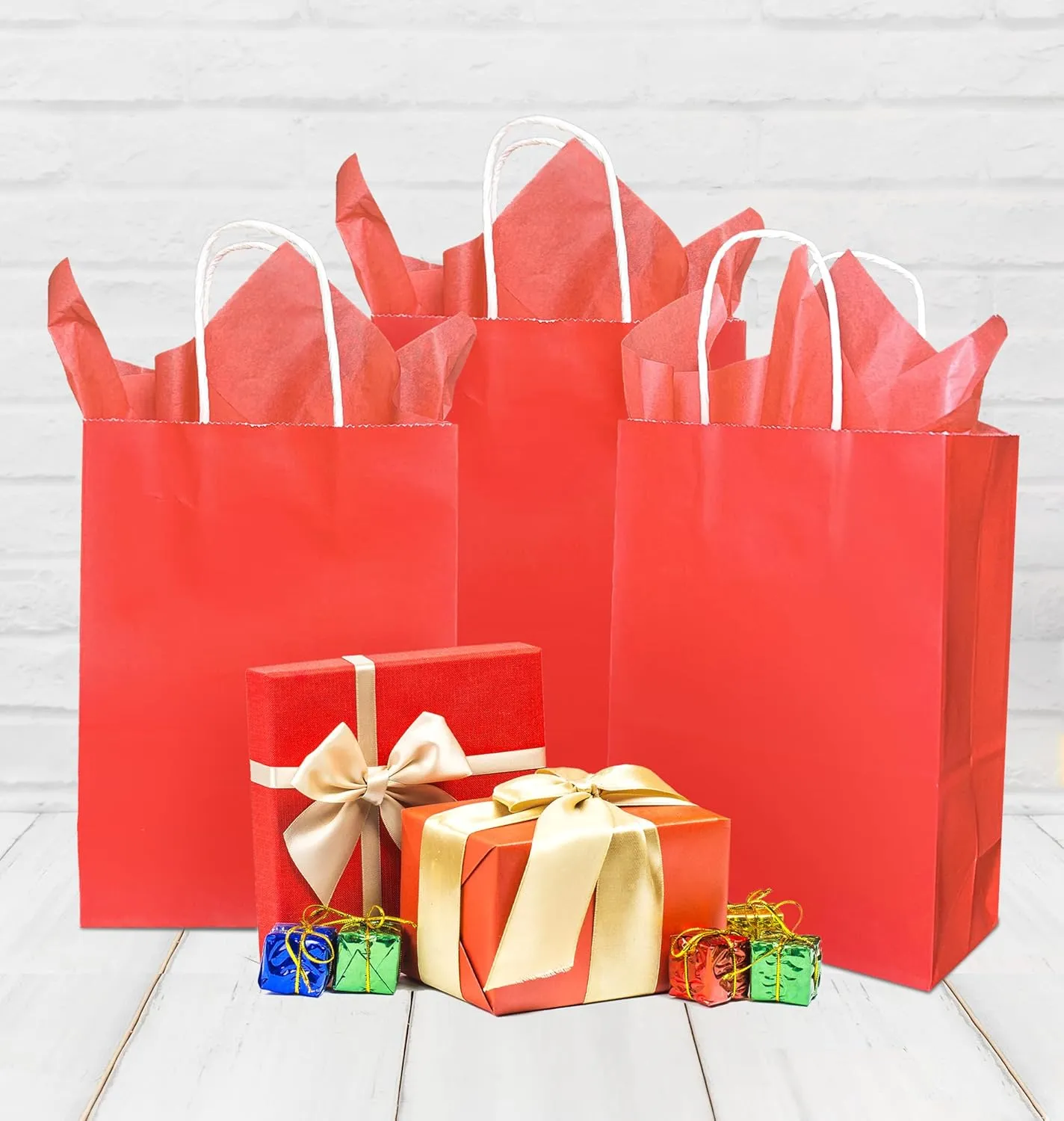 Nihuecne 24 Pack Kraft Paper Gift Bags with Tissue Paper, Small Gift Bags Bulk with Handles for Birthday, Anniversary, Holiday and More(5.9 x3.1 x 8.3In) (Red)