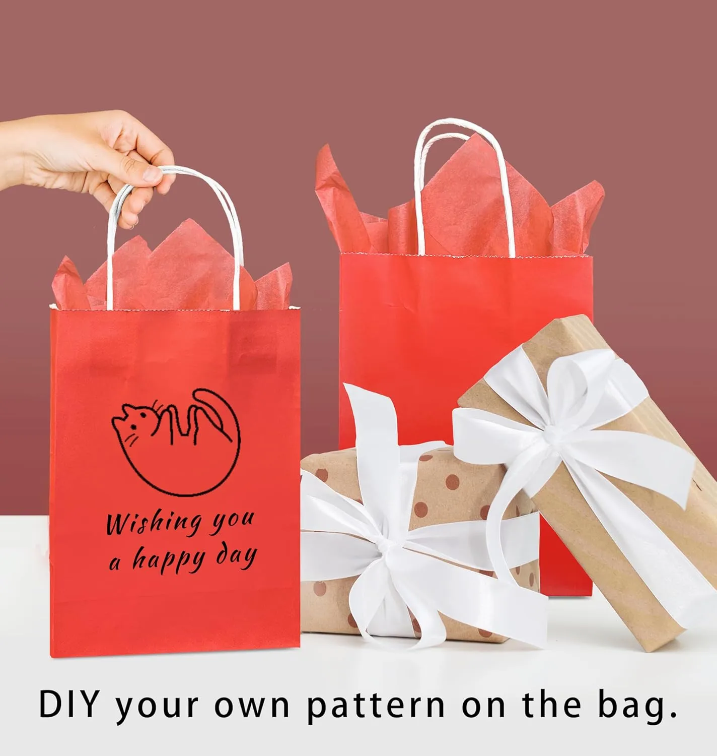 Nihuecne 24 Pack Kraft Paper Gift Bags with Tissue Paper, Small Gift Bags Bulk with Handles for Birthday, Anniversary, Holiday and More(5.9 x3.1 x 8.3In) (Red)
