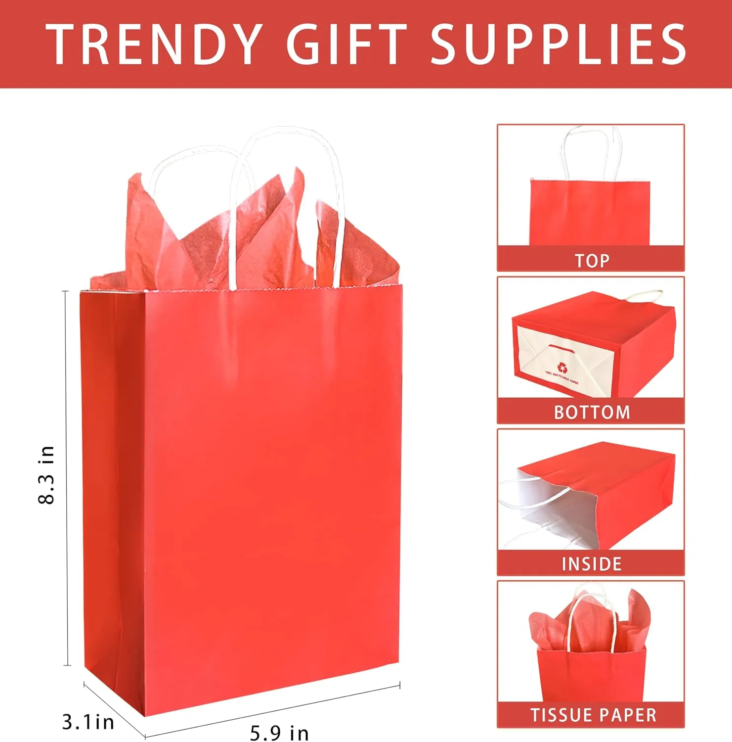 Nihuecne 24 Pack Kraft Paper Gift Bags with Tissue Paper, Small Gift Bags Bulk with Handles for Birthday, Anniversary, Holiday and More(5.9 x3.1 x 8.3In) (Red)
