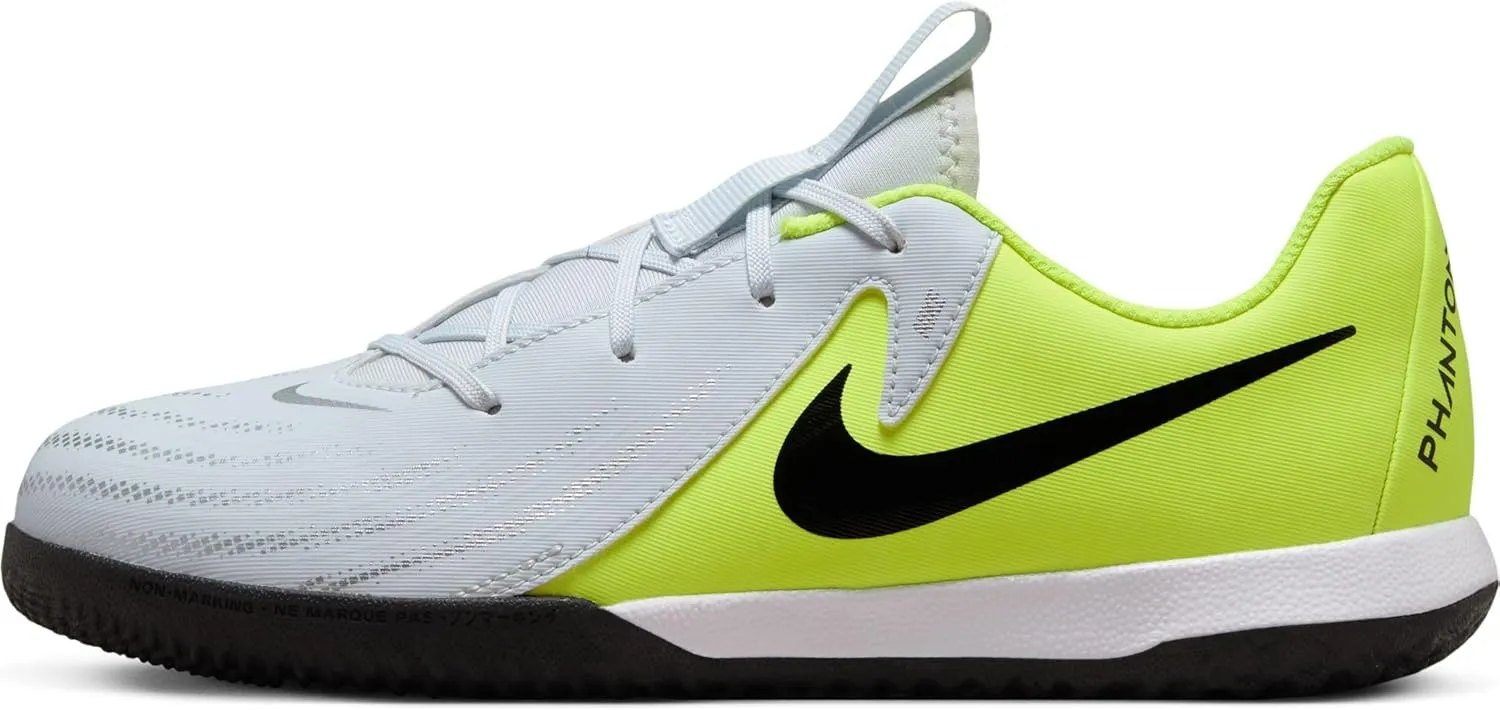 Nike Jr. Phantom GX 2 Academy Little/Big Kids' IC Soccer Shoes (FJ2609-003, Metallic Silver/Volt/Black)