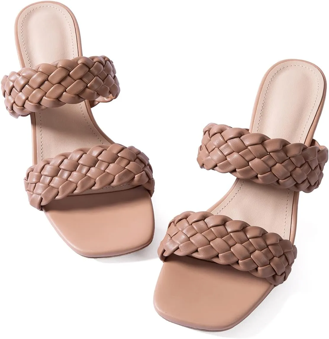 N.N.G Women Heels Sandals Braided Block Nude Summer Chunky Square Leather Woven Comfort Strappy Dress Casual Pumps Mules