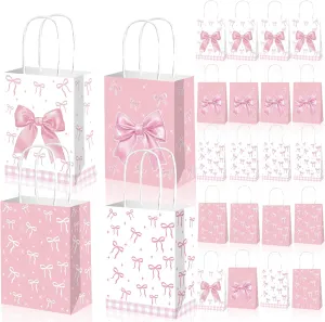 NovaHF 24 Pcs Pink Bow Party Gift Bag, Birthday Candy Bags Snack Bags, Suitable for Bachelor Parties Bow Themed Parties and Bridal Engagement Party Gift Bags