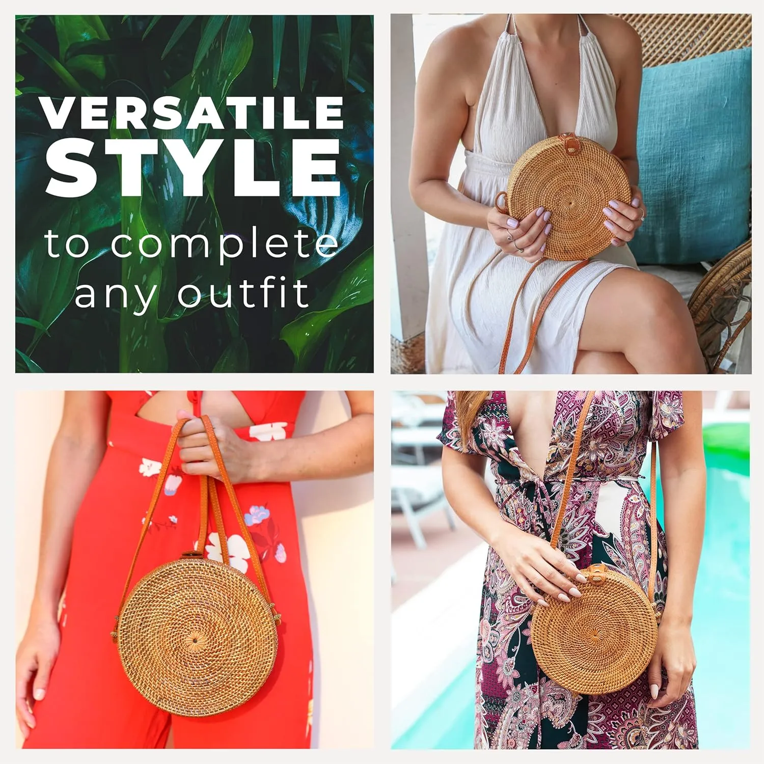 Novum Crafts Round Rattan Bag for Women - Handmade Ata Wicker Woven Purse - Circle, Square, Oval Brown Straw Boho Bags