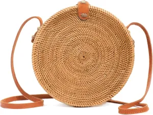 Novum Crafts Round Rattan Bag for Women - Handmade Ata Wicker Woven Purse - Circle, Square, Oval Brown Straw Boho Bags