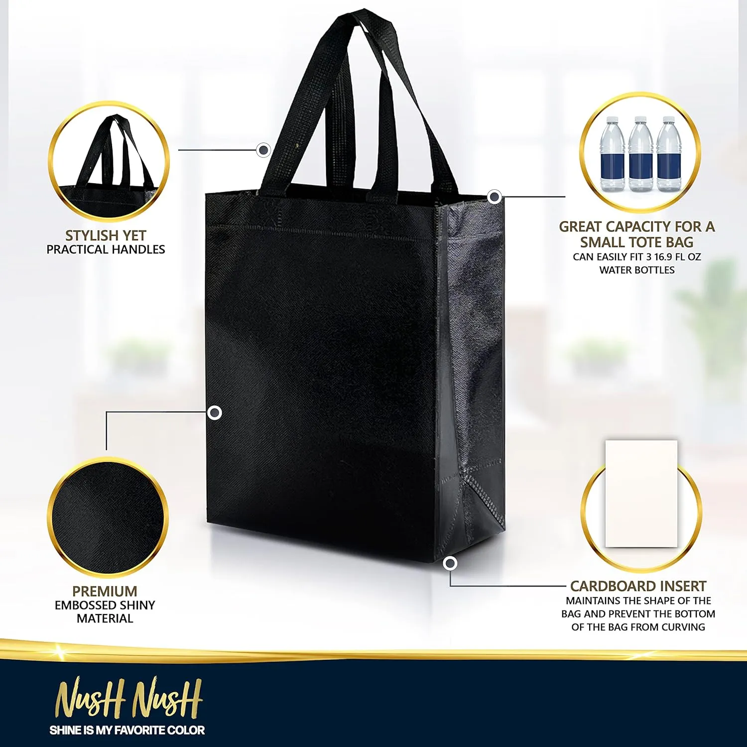 Nush Nush Black Gift Bags Medium Size– Set of 12 Shiny Black Reusable Gift Bags With Handles - Ideal As Durable Goodie Bags, Birthday Gift Bags in Bulk, Party Favor Bags, Goody Bags – 8Wx4Dx10H Size