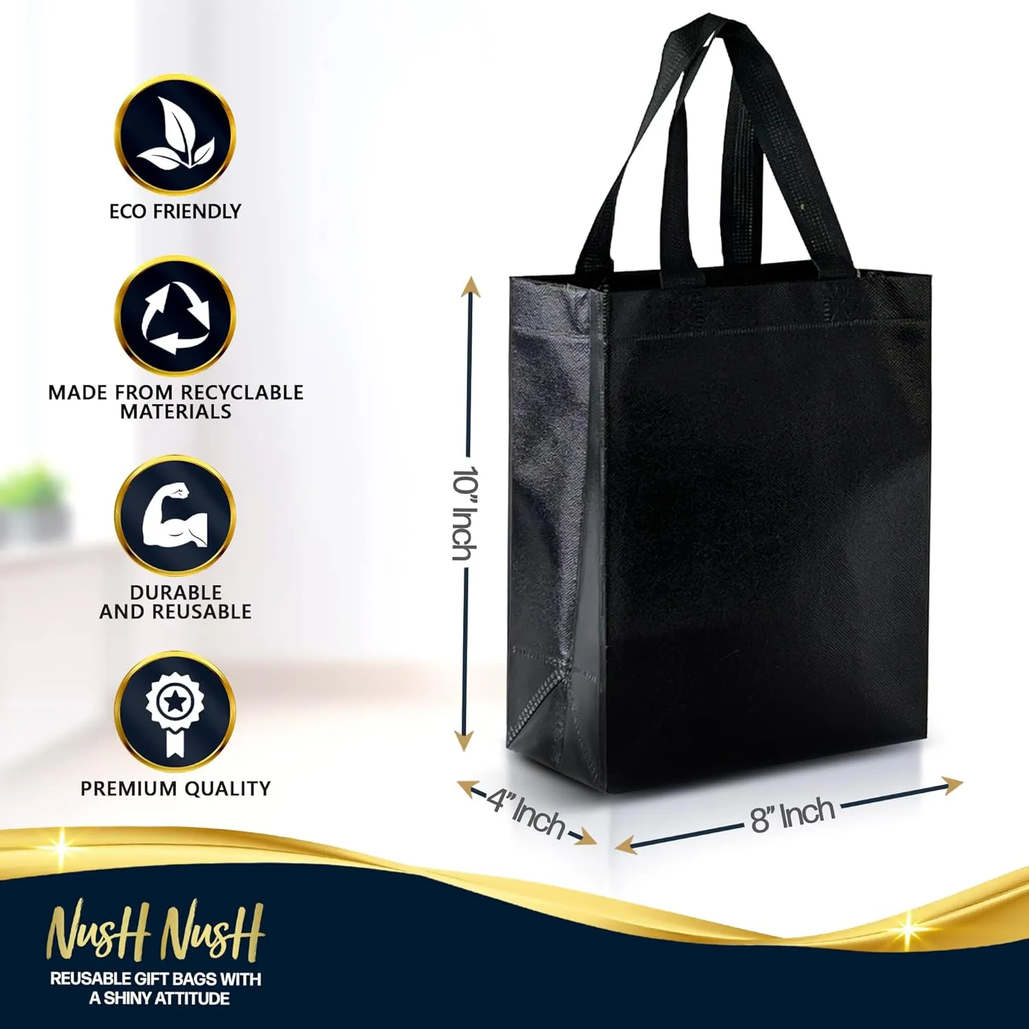Nush Nush Black Gift Bags Medium Size– Set of 12 Shiny Black Reusable Gift Bags With Handles - Ideal As Durable Goodie Bags, Birthday Gift Bags in Bulk, Party Favor Bags, Goody Bags – 8Wx4Dx10H Size