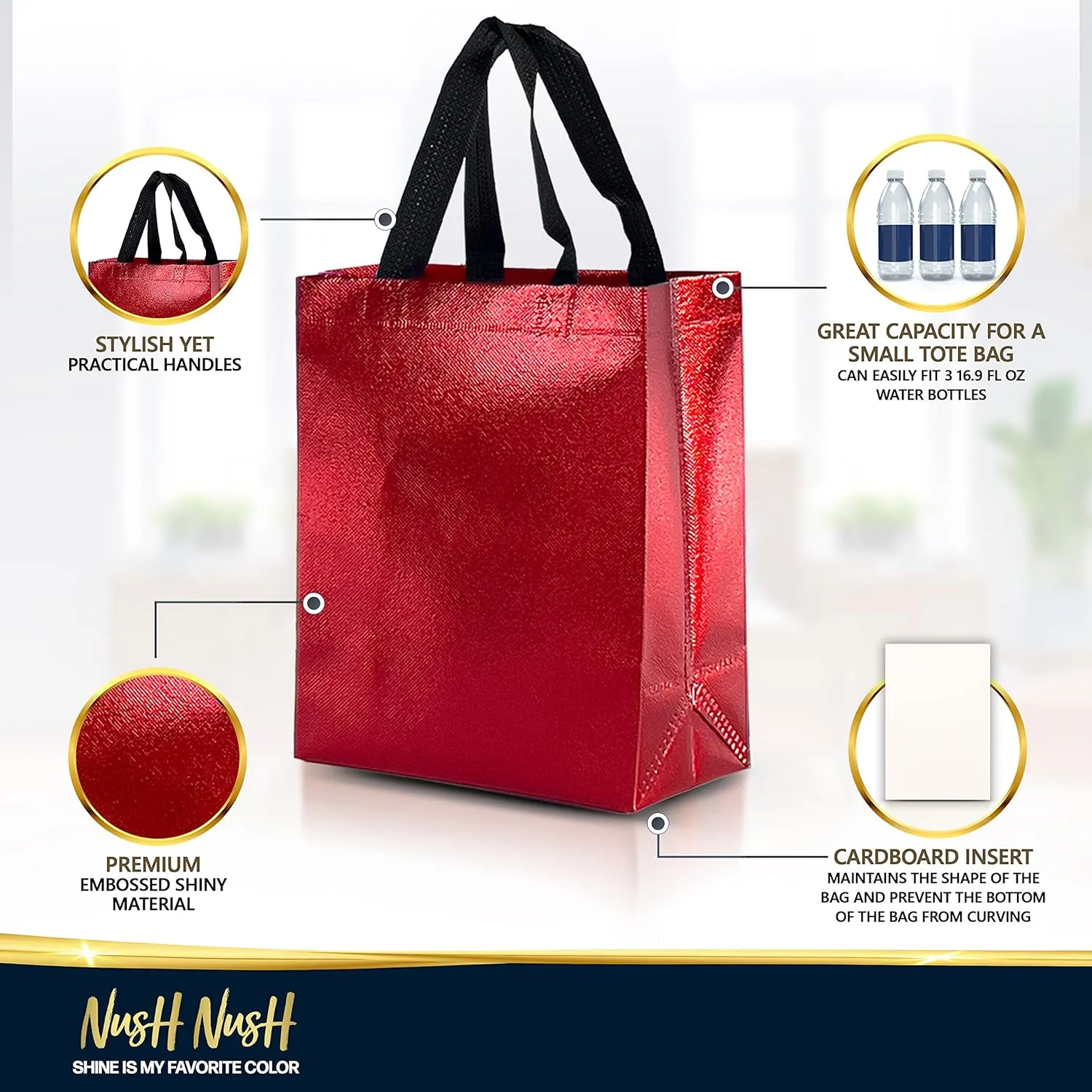 Nush Nush Red Gift Bags Medium Size – Set of 12 Shiny Red Reusable Gift Bags With Handles - Gift Bags Bulk, Goodie Bags, Christmas Gift Bags, Party Favor Bags, Goody Bags, Birthday Bags– 8Wx4Dx10H