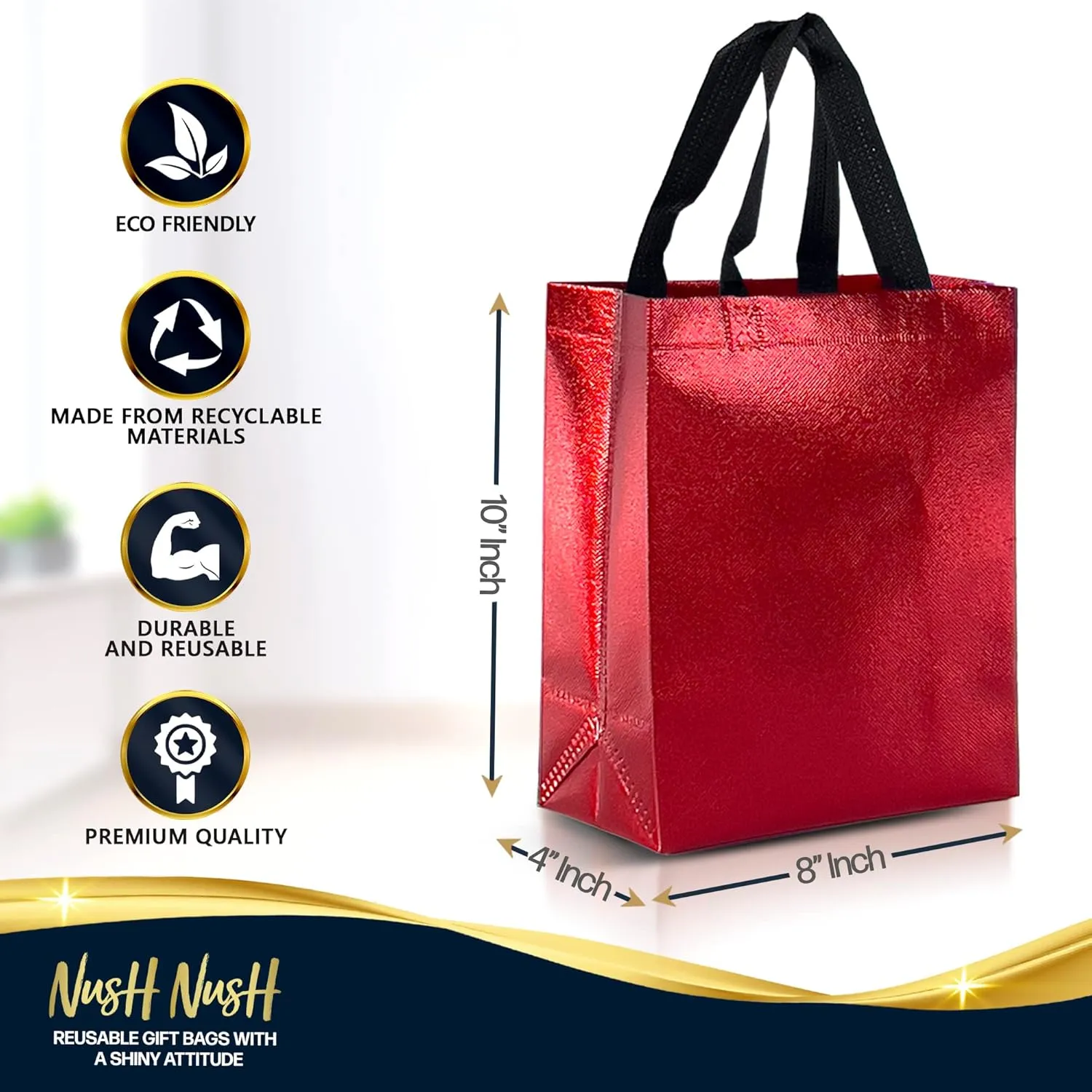 Nush Nush Red Gift Bags Medium Size – Set of 12 Shiny Red Reusable Gift Bags With Handles - Gift Bags Bulk, Goodie Bags, Christmas Gift Bags, Party Favor Bags, Goody Bags, Birthday Bags– 8Wx4Dx10H
