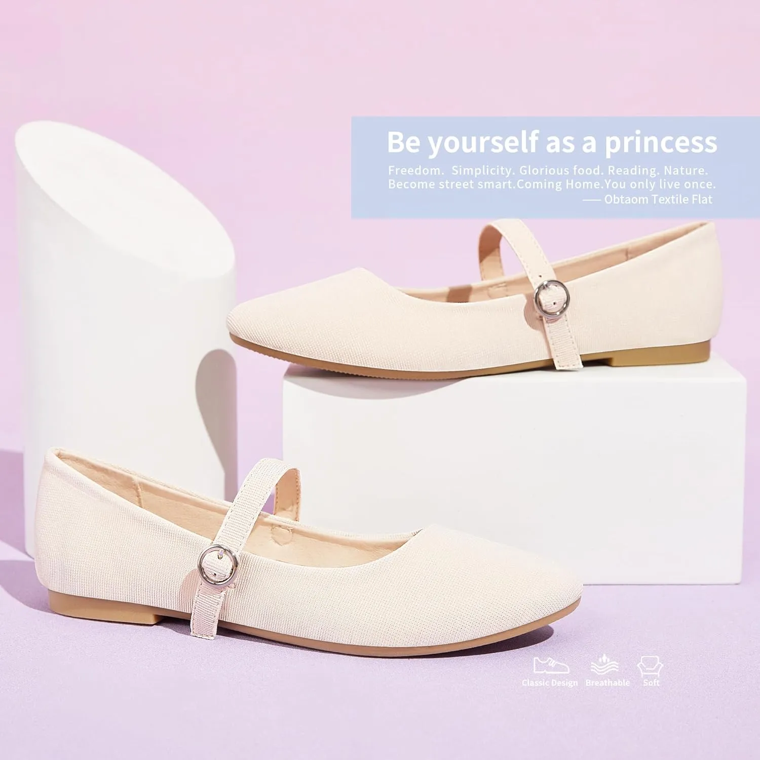 Obtaom Mary Jane Flat Shoes Round Toe Ballet Flats for Women Dressy Fabric Business Flats Comfortable Classic Strap Flats for Office