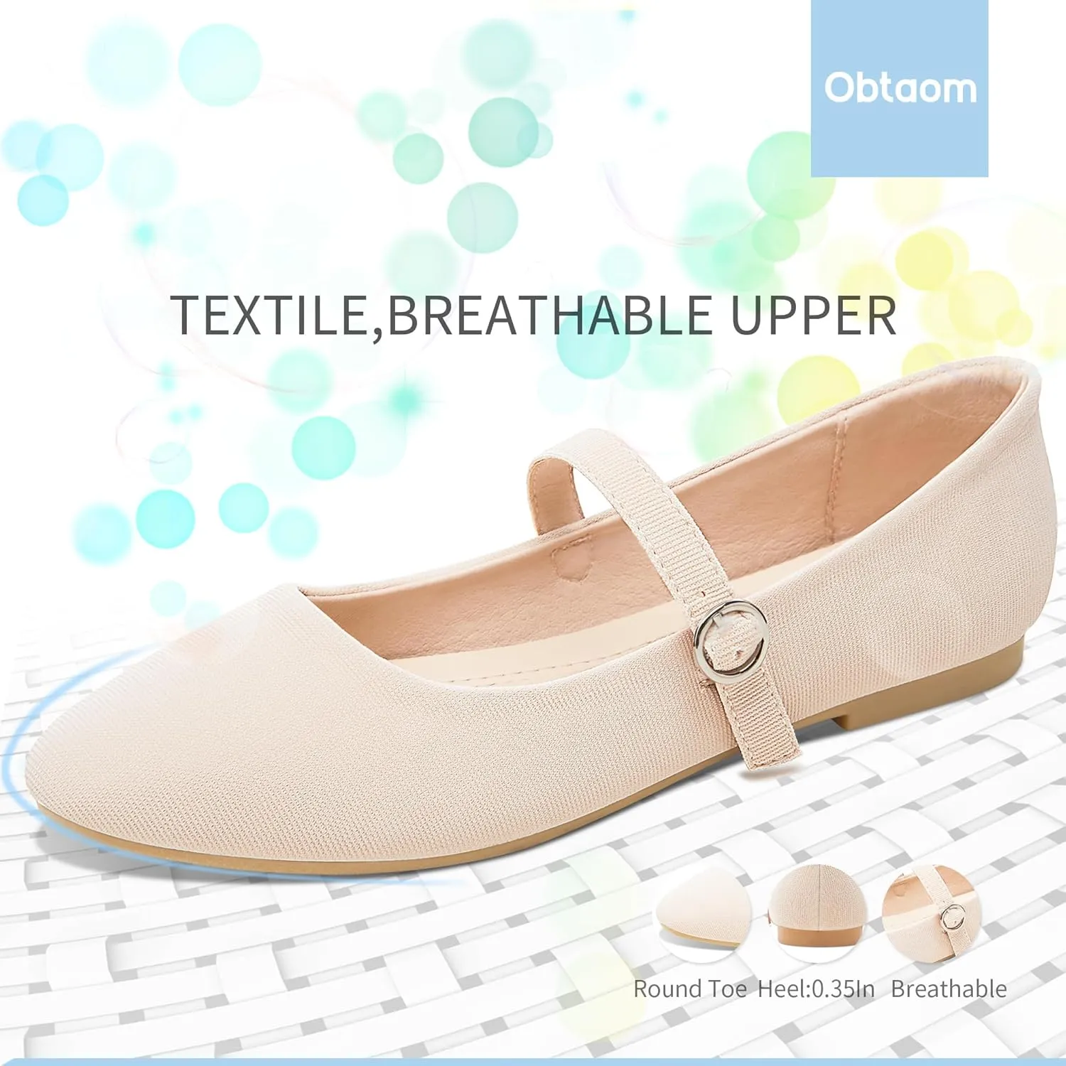 Obtaom Mary Jane Flat Shoes Round Toe Ballet Flats for Women Dressy Fabric Business Flats Comfortable Classic Strap Flats for Office