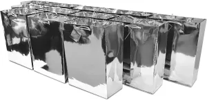OccasionALL Large Gift Bags with Handles, Silver Metallic Tote for Holidays, Christmas, Birthdays, Party Favor, Events, Shopping, Bulk, 10x5x13 12 Pack