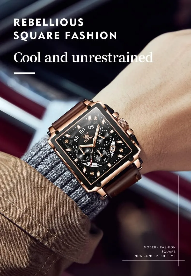 OLEVS Square Watches for Men Brown Leather Chronograph Fashion Business Watch Luminous Waterproof Casual Wrist Watches