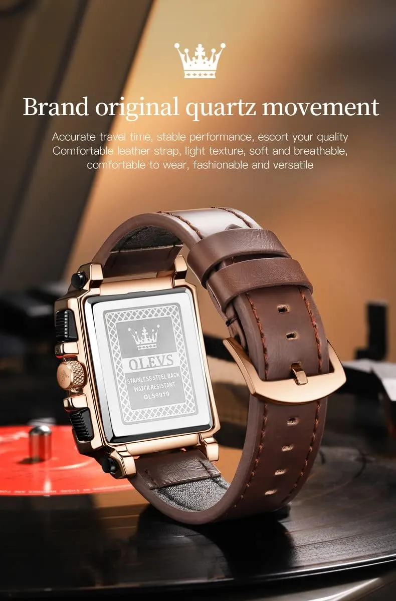 OLEVS Square Watches for Men Brown Leather Chronograph Fashion Business Watch Luminous Waterproof Casual Wrist Watches