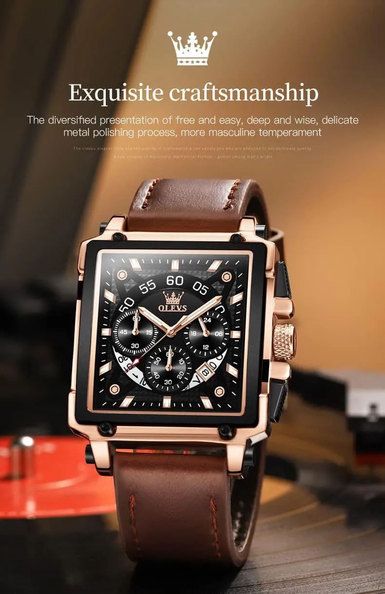 OLEVS Square Watches for Men Brown Leather Chronograph Fashion Business Watch Luminous Waterproof Casual Wrist Watches