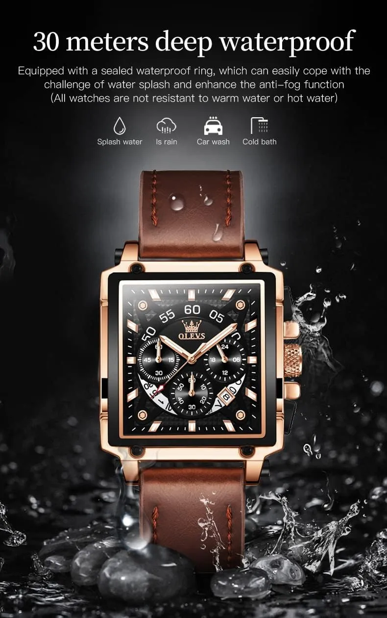 OLEVS Square Watches for Men Brown Leather Chronograph Fashion Business Watch Luminous Waterproof Casual Wrist Watches