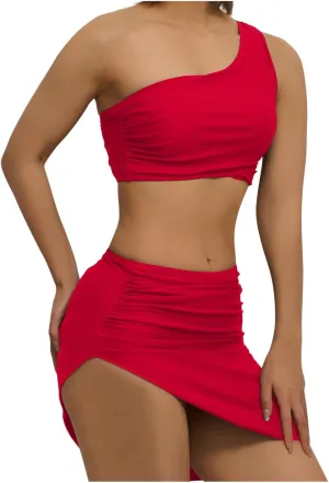 One Shoulder Bikini for Women 3 Pieces Mid Rise Triangl Swimsuit Bathing Suit with Asymmetrical Cover Ups Skirts