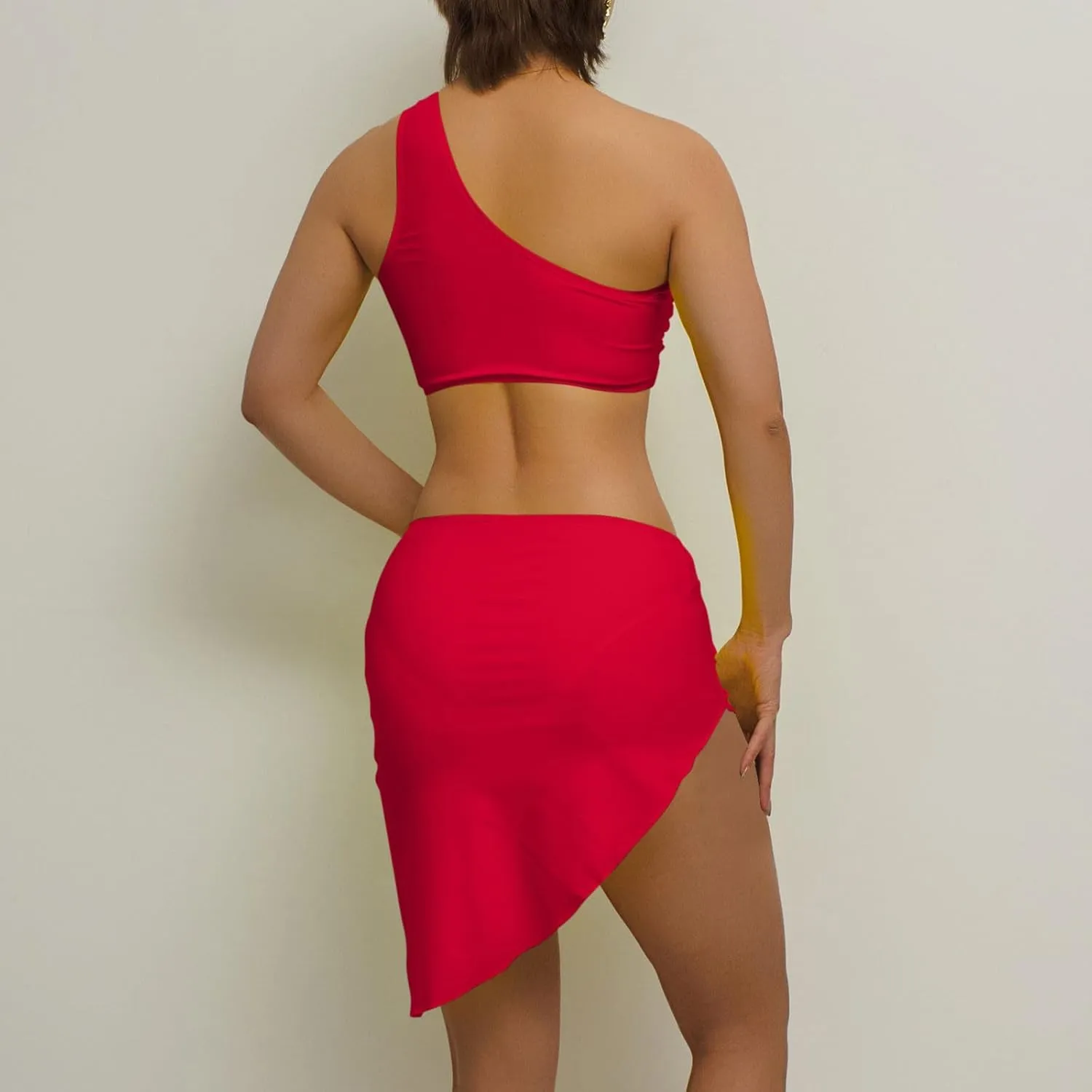 One Shoulder Bikini for Women 3 Pieces Mid Rise Triangl Swimsuit Bathing Suit with Asymmetrical Cover Ups Skirts